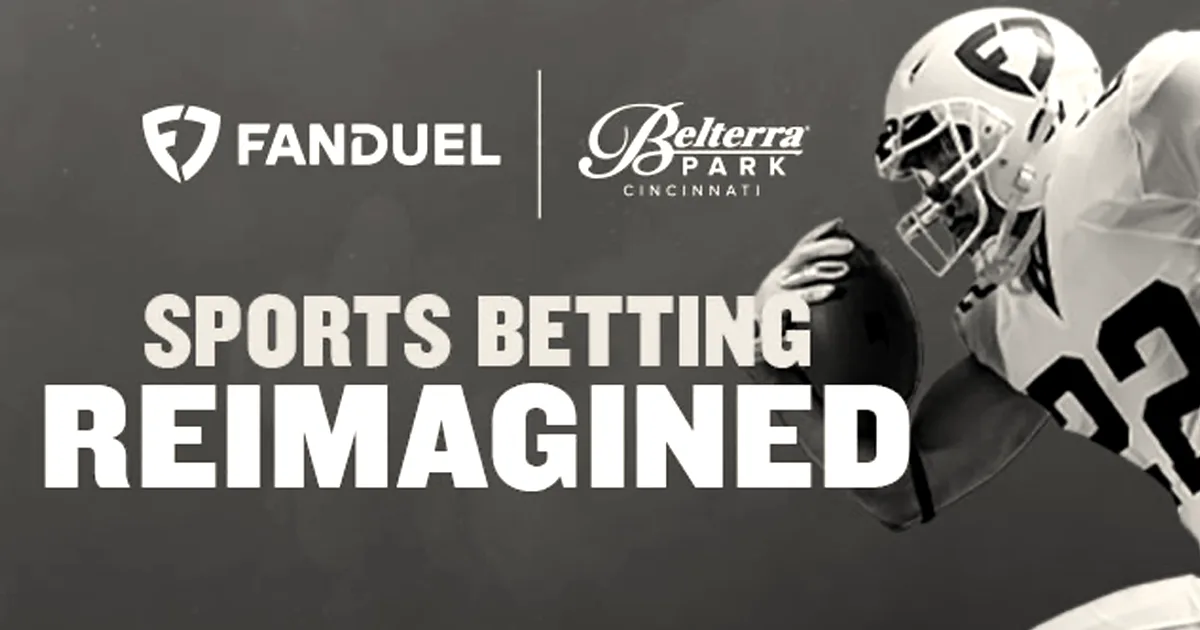 FanDuel promotional graphic featuring sports betting reimagined text and a football player on a blue background.