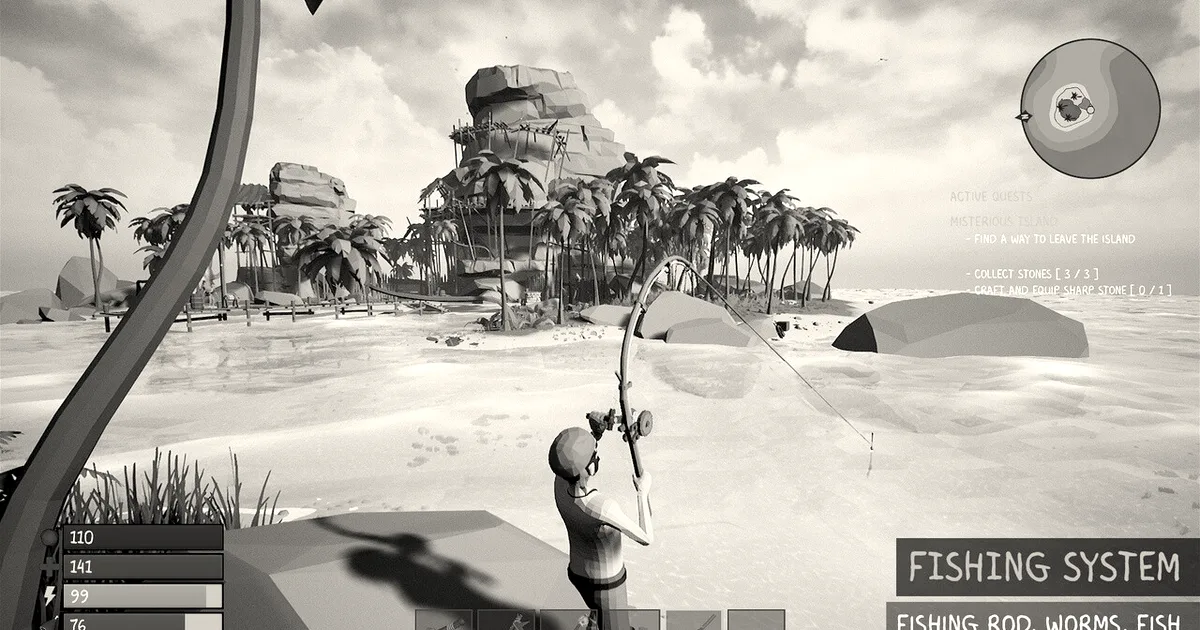A screenshot of a video game showing a character fishing in shallow water near a tropical island.