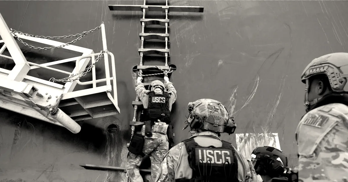 US Coast Guard personnel in tactical gear climbing a boarding ladder on the side of a ship