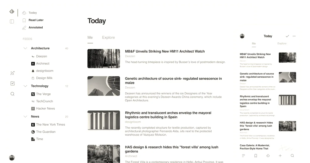 Web and mobile interface screens of the Feedly application displaying an organized news feed and topic categories.