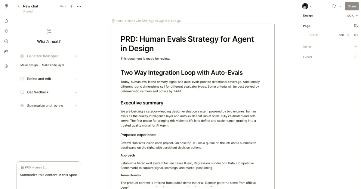 Figma software interface displaying a document outlining human evaluation strategy for agents in design.
