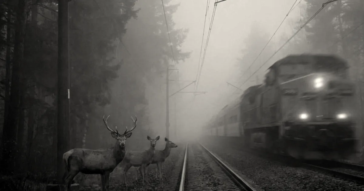 Three deer stand beside railroad tracks in a misty forest as a train approaches in the background.