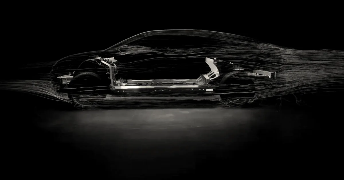 A wireframe visualization of aerodynamics over a Ford EV prototype chassis on a dark background.