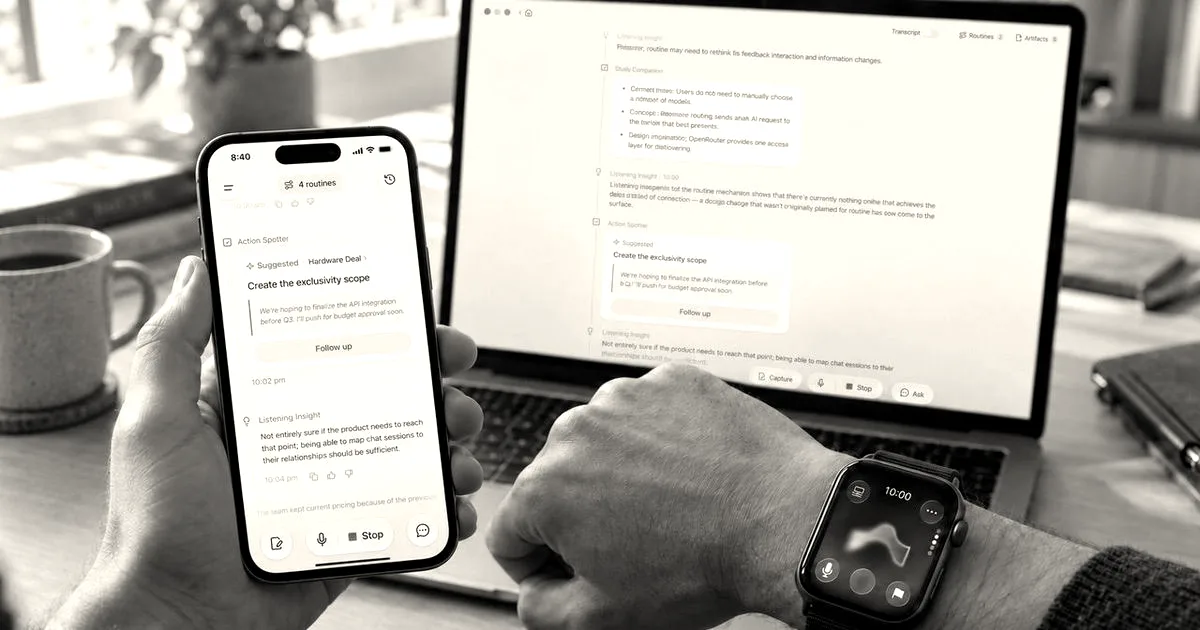 A person holding a smartphone and wearing a smartwatch, showing the Ambi background listening AI app interface.