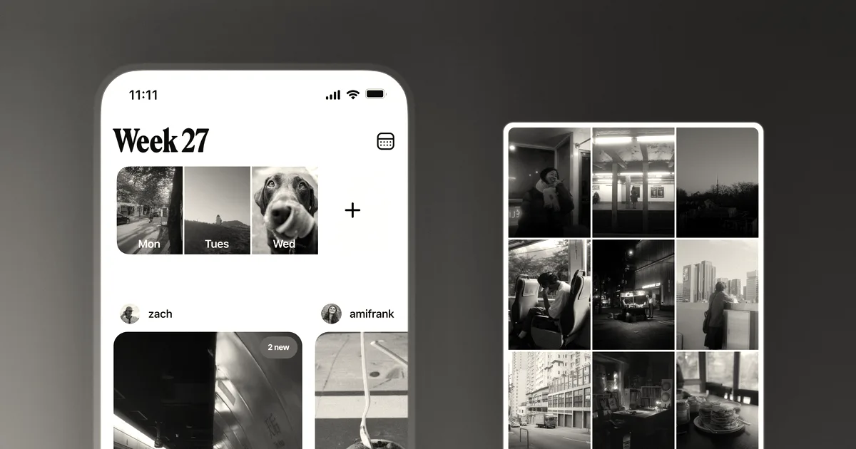 Smartphone screen showing the Retro photo sharing app interface alongside a photo grid against a purple gradient.