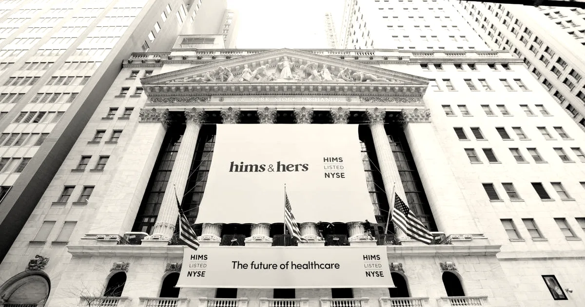 The exterior of the New York Stock Exchange building decorated with large Hims & Hers banners.