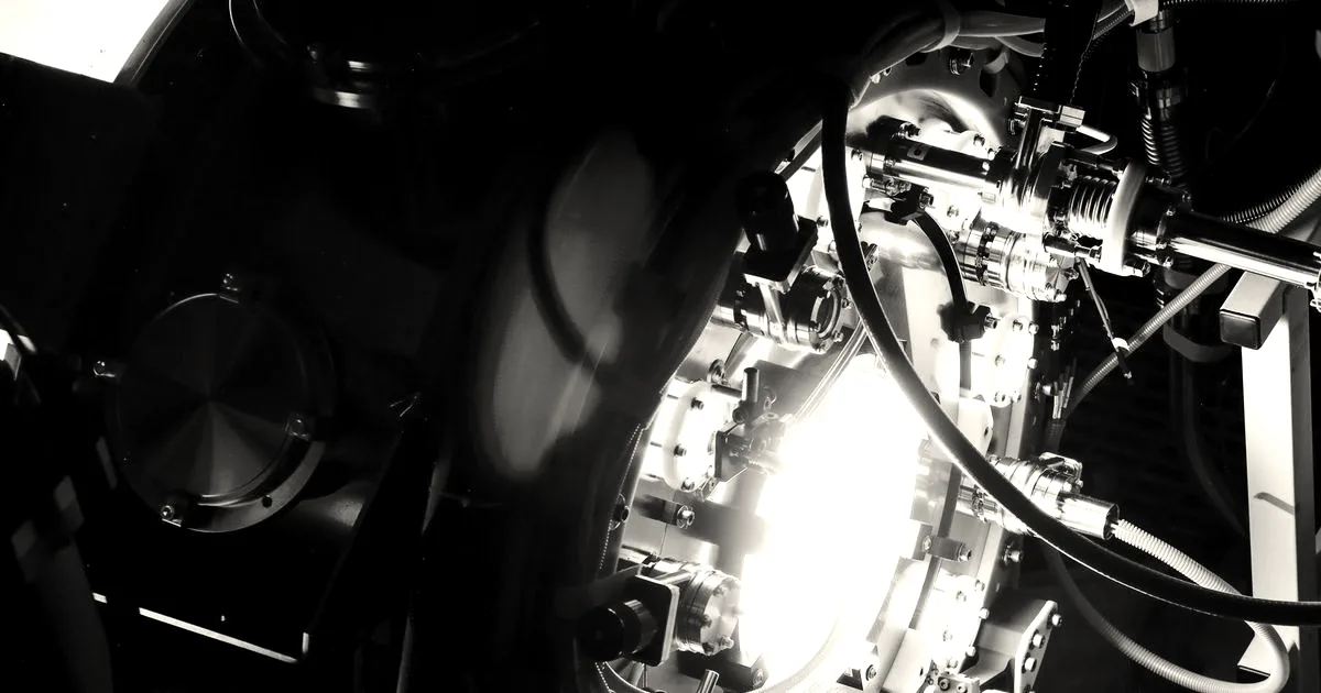 An intricate fusion energy experimental apparatus glowing with vibrant purple and white light.