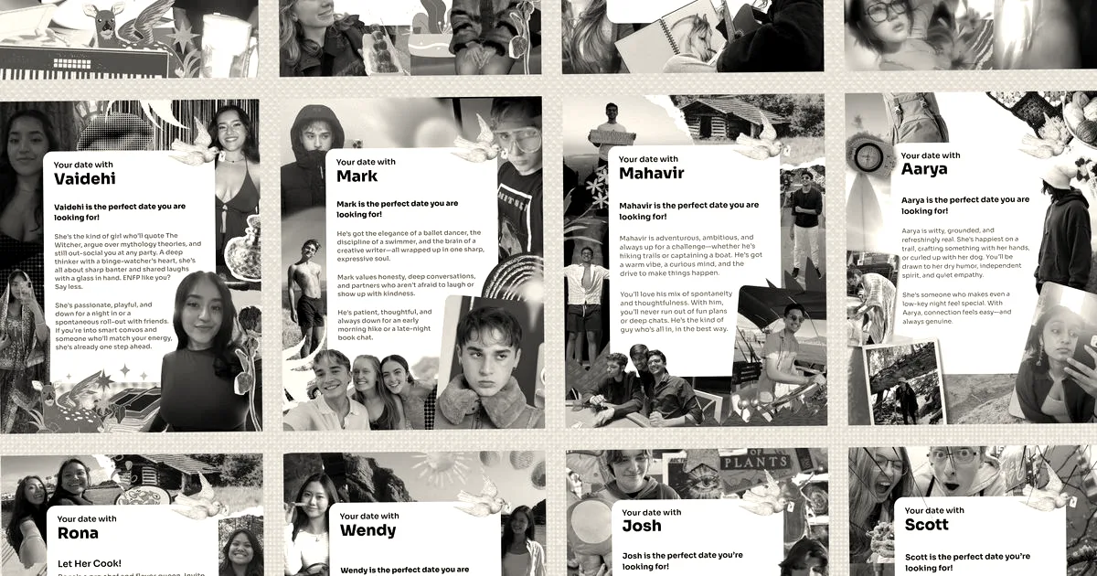 A colorful grid collage of user profile cards and photos from the Ditto matchmaking dating platform.