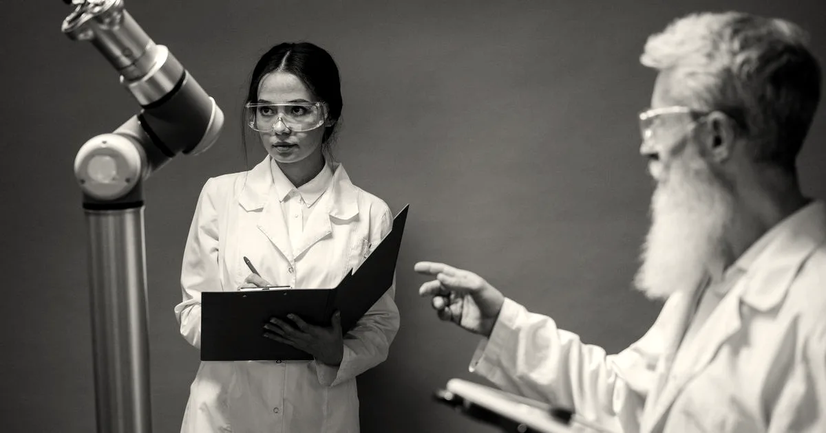 Two scientists in white lab coats and protective eyewear examining an advanced robotic arm.