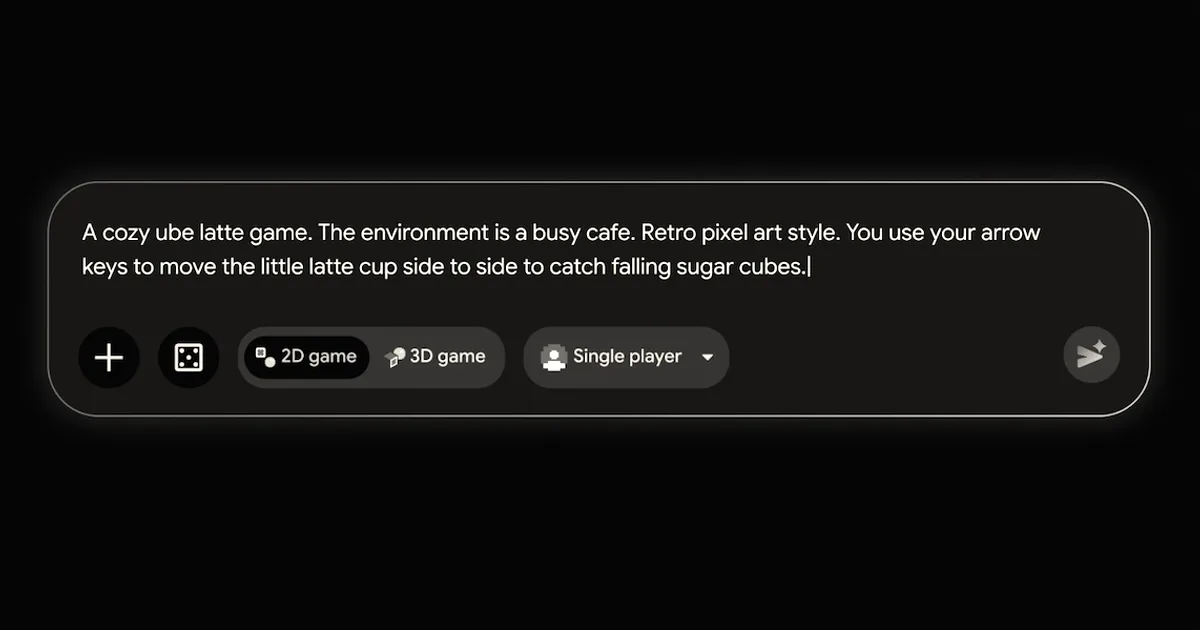 Text prompt interface for Google Playground showing a game creation bar on a dark background.