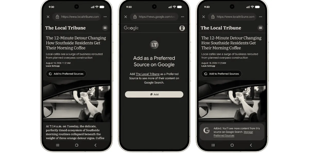 Three mobile phone screens demonstrating Google's preferred source feature on a news article.