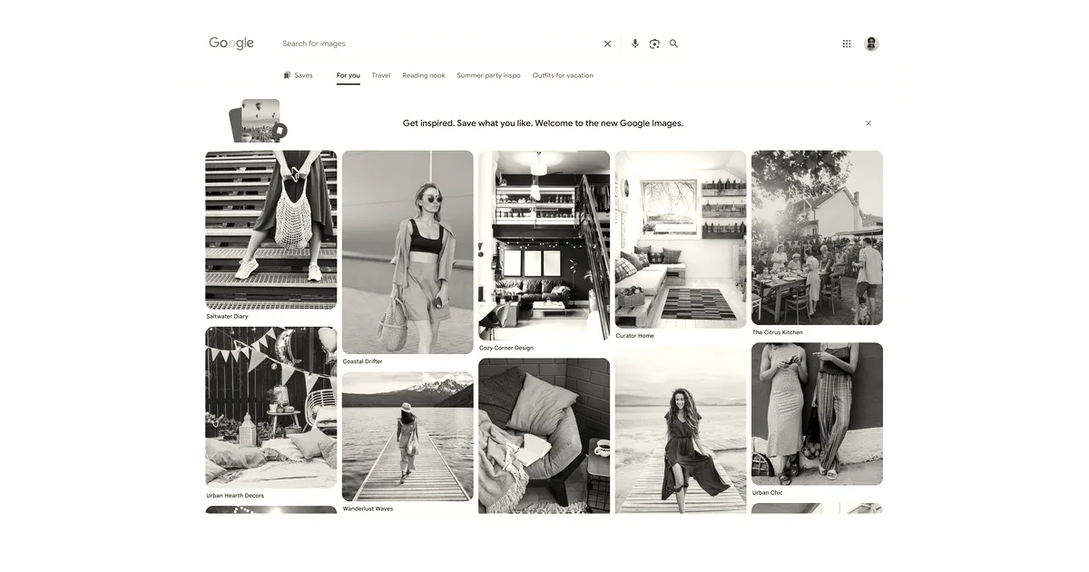 Screenshot of the newly redesigned Google Images interface displaying a grid of curated discovery cards.