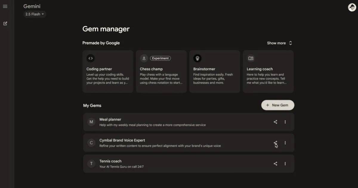 A screenshot of Google's Gemini Gem manager interface displaying premade and custom Gems.