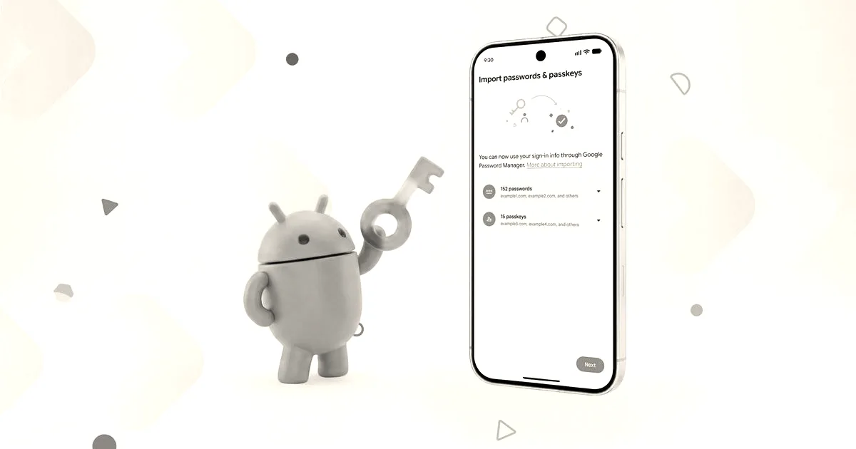 An Android mascot figurine holding a colorful key next to a smartphone showing password and passkey import options.