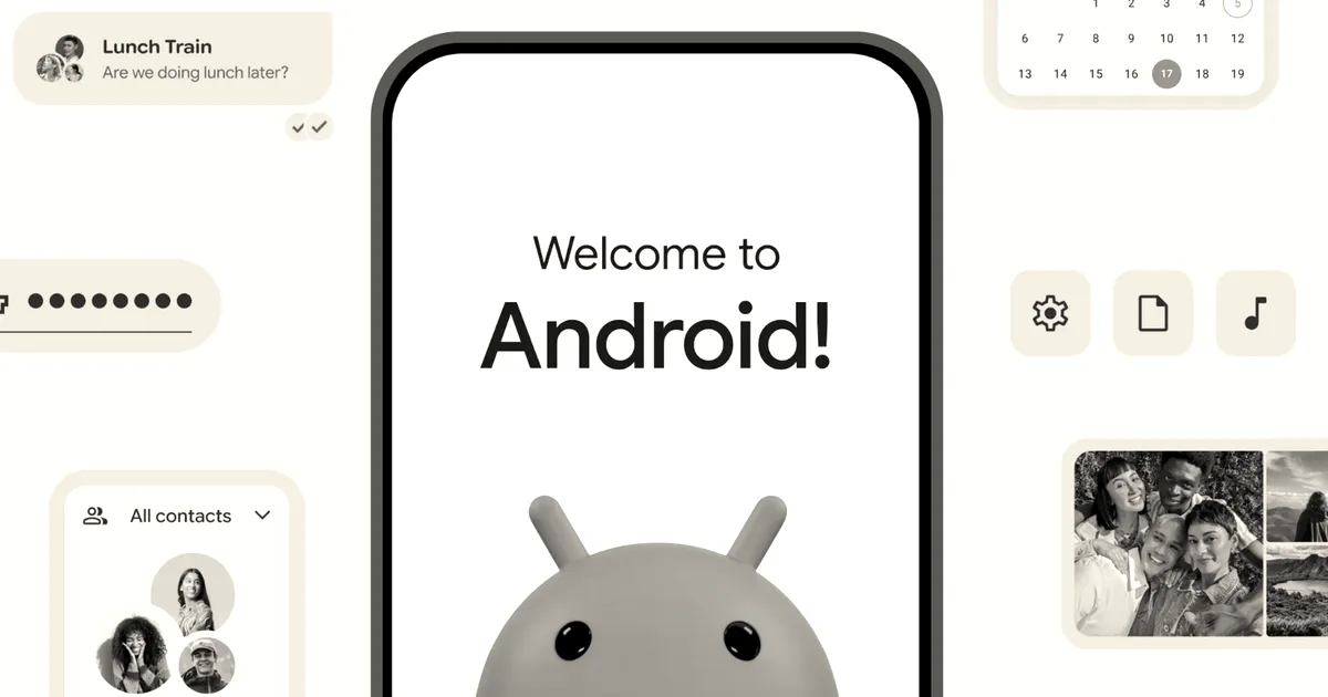 A smartphone displaying a welcome screen with the Android logo surrounded by various interface widgets and icons.