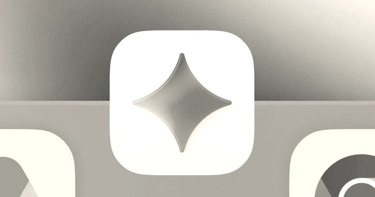 Close-up of the colorful Gemini sparkle icon on a white rounded square app icon against a blue background.