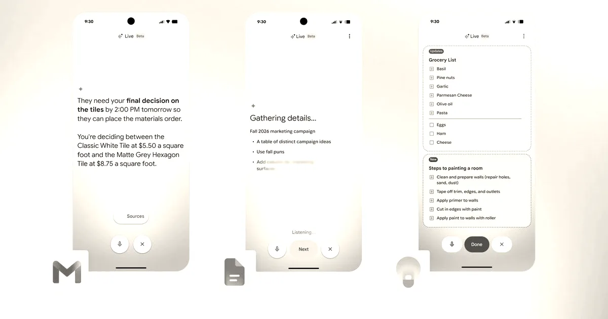 Three smartphone screens showing Google AI voice features across Gmail, Docs, and Keep interfaces.