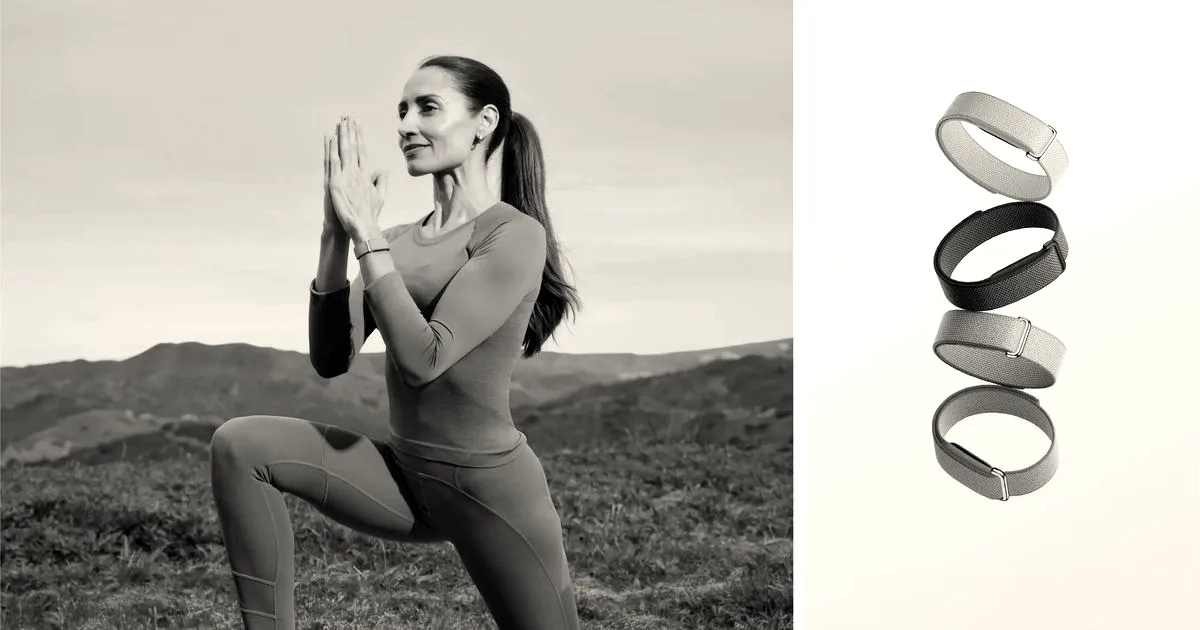 A woman outdoors in pink athletic wear wearing a fitness tracker, alongside four colorful tracker bands.