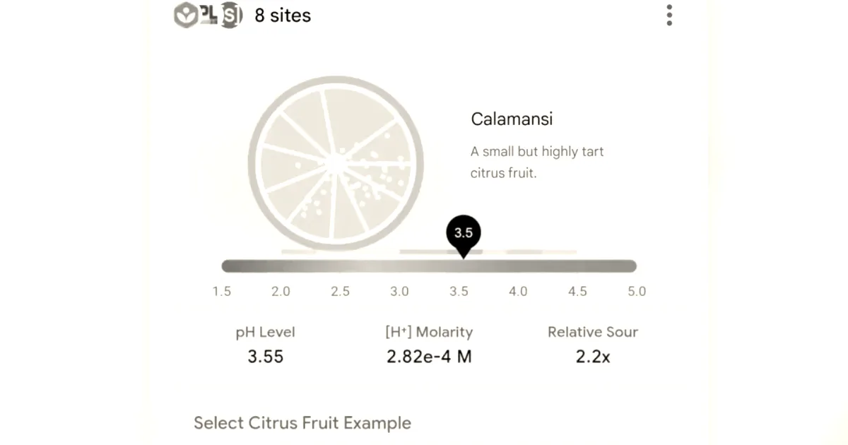 An interactive digital interface demonstrating an educational citrus fruit pH scale tool.