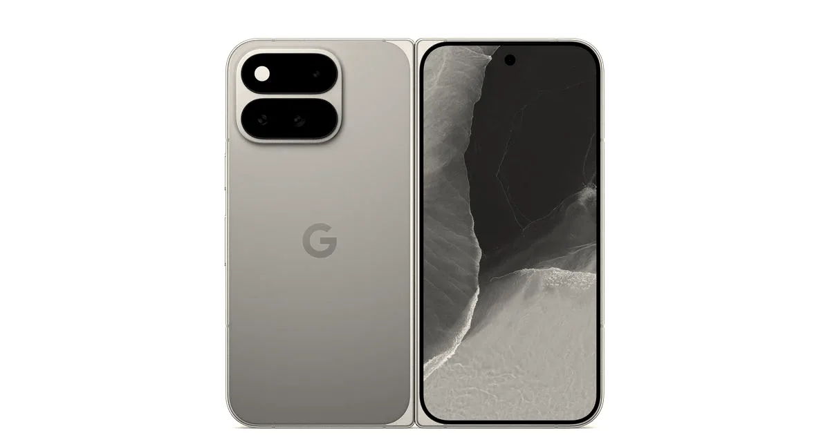 Front and back view of a foldable Google Pixel smartphone displayed side by side against a white background.
