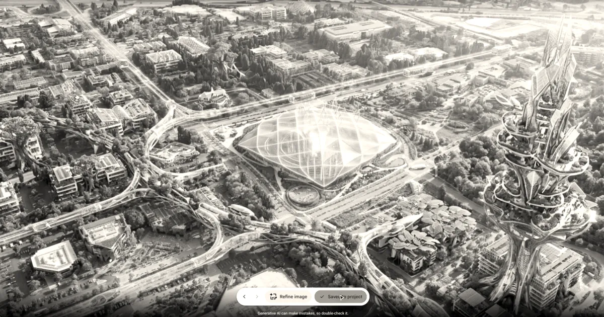 An aerial rendering of a futuristic city with green buildings, a large central dome structure, and a tall tower.