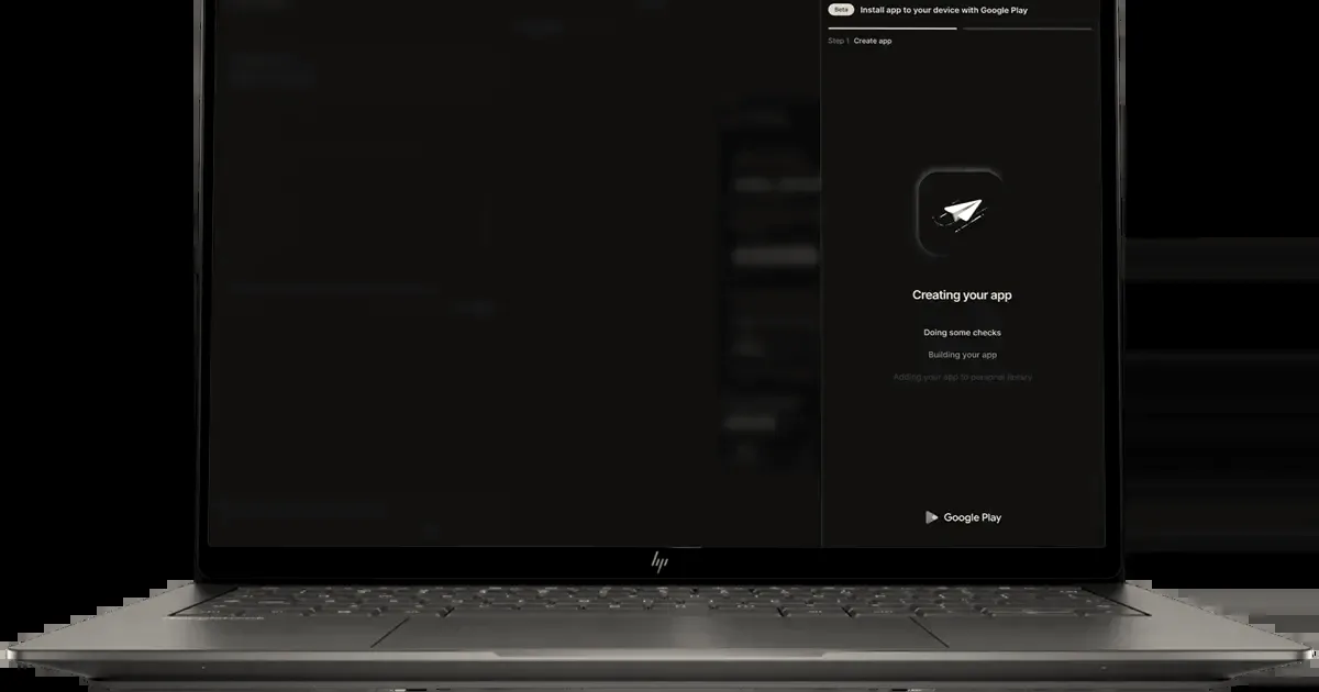 A laptop screen displaying Google Play's interface for creating and building personal Android apps.