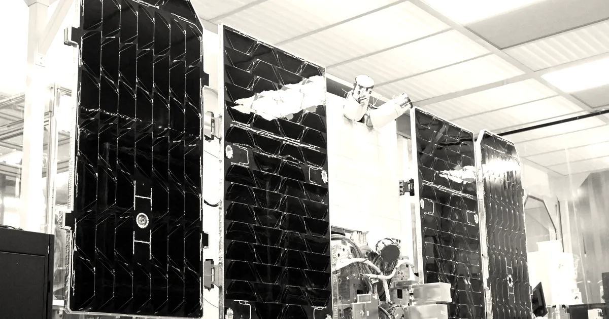A satellite with solar panels deployed in a cleanroom facility bearing the Planet logo.