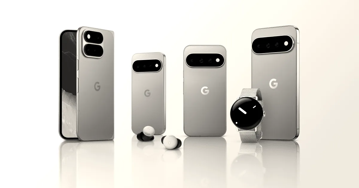 A lineup of Google Pixel phones, earbuds, and a smartwatch arranged against a clean neutral background.