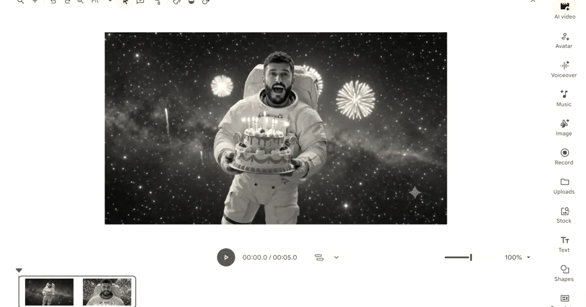 An astronaut holding a birthday cake in outer space, displayed within the Google Vids user interface.