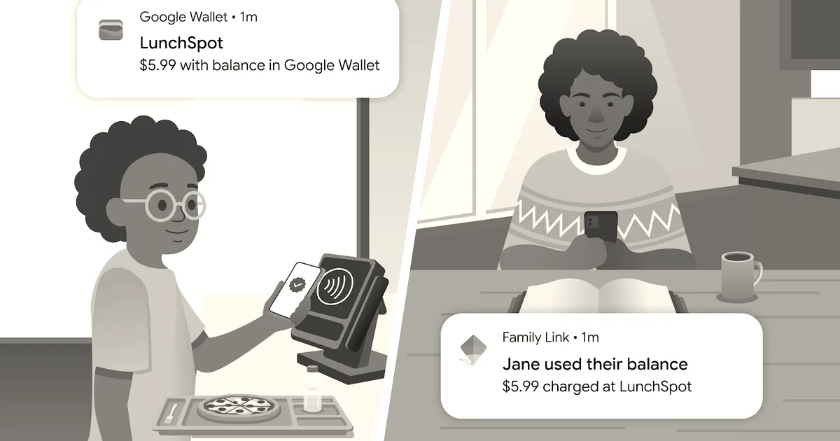 Illustration of a child using Google Wallet to pay for lunch while a parent receives a notification.