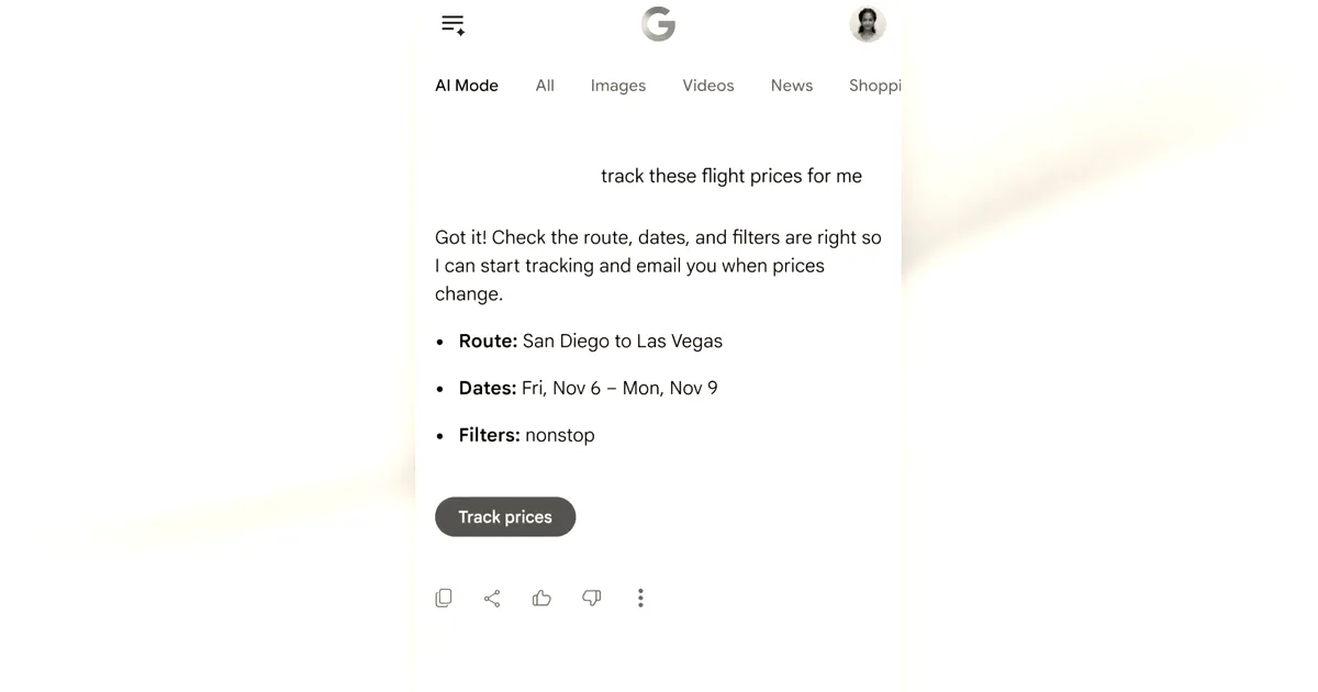 Smartphone interface demonstrating Google's AI Mode tracking flight prices between San Diego and Las Vegas.