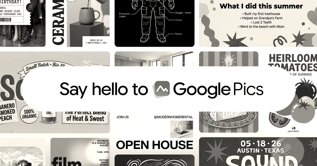 Graphic reading Say hello to Google Pics surrounded by colorful design templates and illustrations.