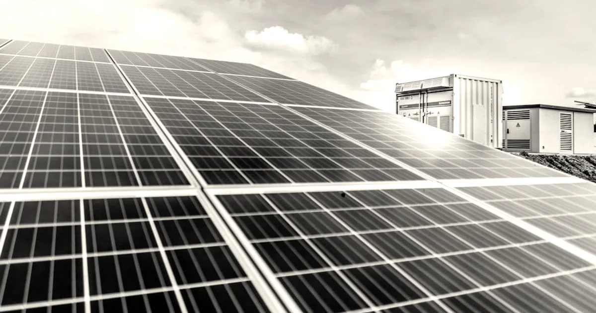 A close-up view of ground-mounted solar panels at a utility-scale solar farm with storage containers in the background.