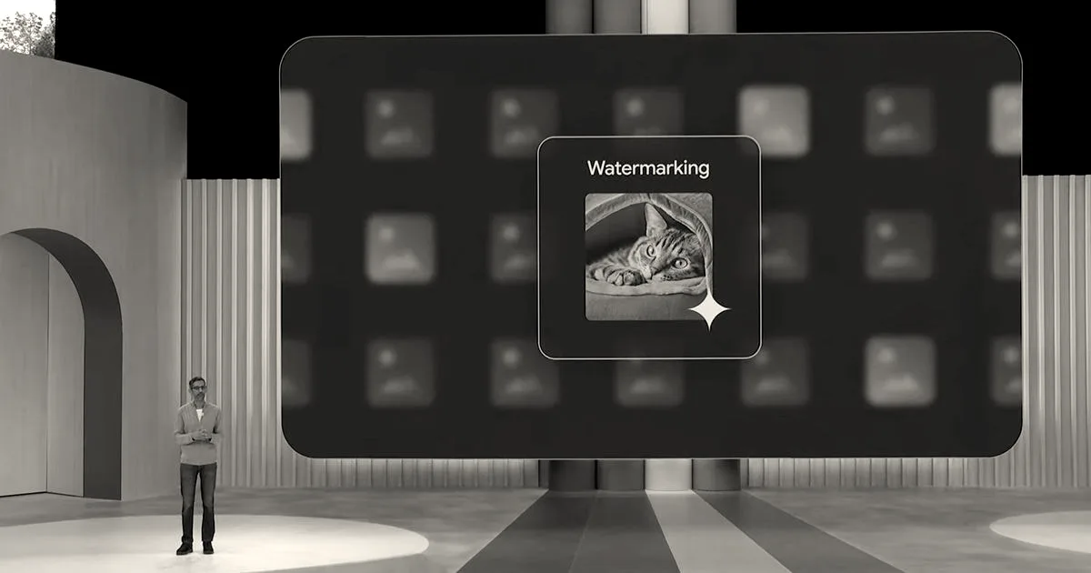 Presentation slide showing a watermarking feature demo with a phone photo of a kitten in a basket