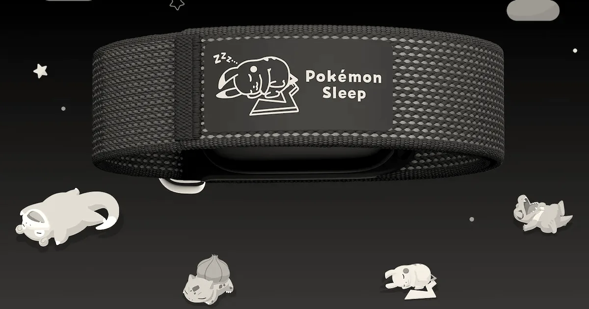 Blue Pokémon Sleep fabric wristband for Fitbit Air with sleeping Pikachu graphics and stars in the background.