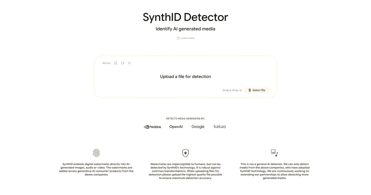 Web interface of Google's SynthID Detector tool showing an upload box to identify AI generated media