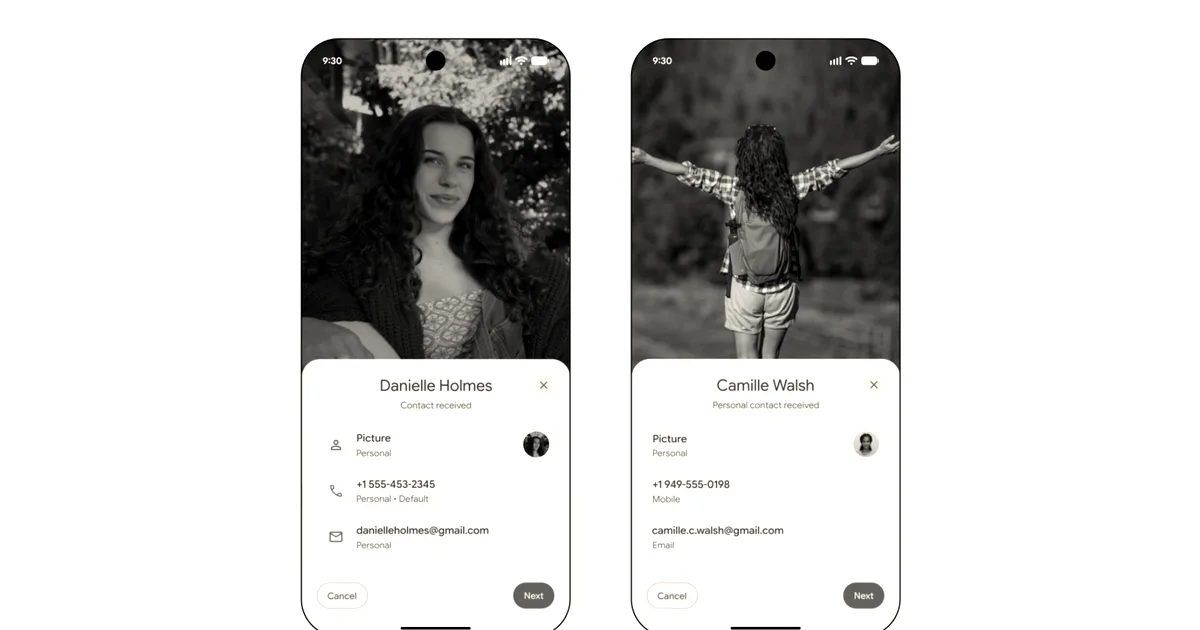 Two smartphones side by side displaying Google's Quick Share contact sharing interface.