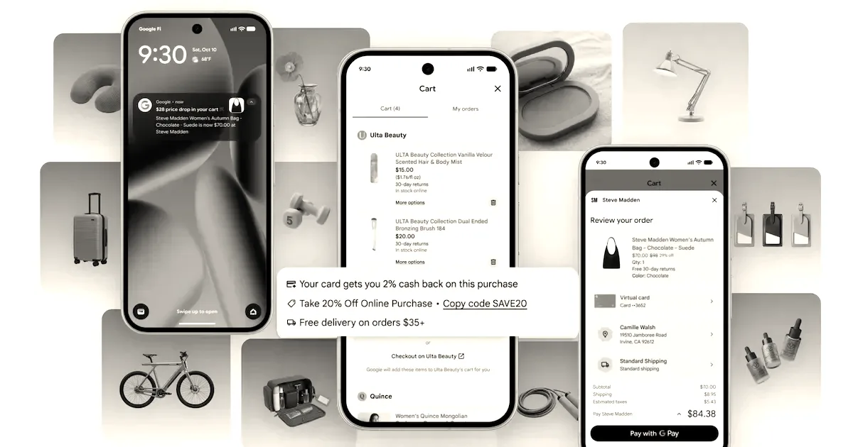 Three smartphones showing Google's Universal Cart feature interface surrounded by various shopping items on colored tiles.