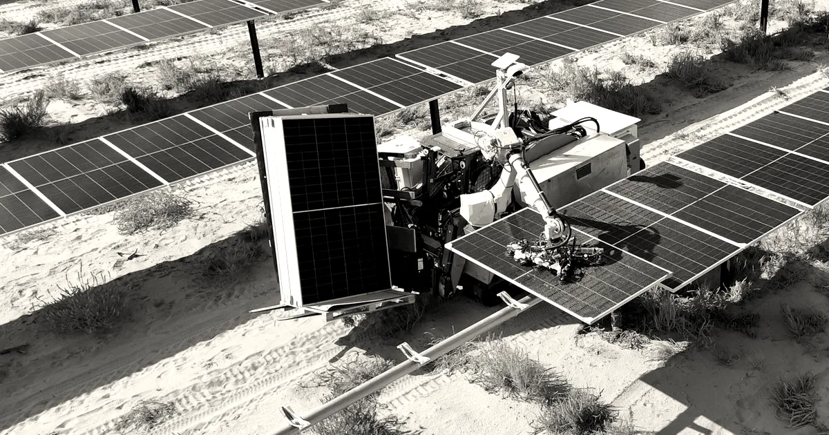 An autonomous robotic machine installing solar panels in a sunny, arid field with other solar arrays.
