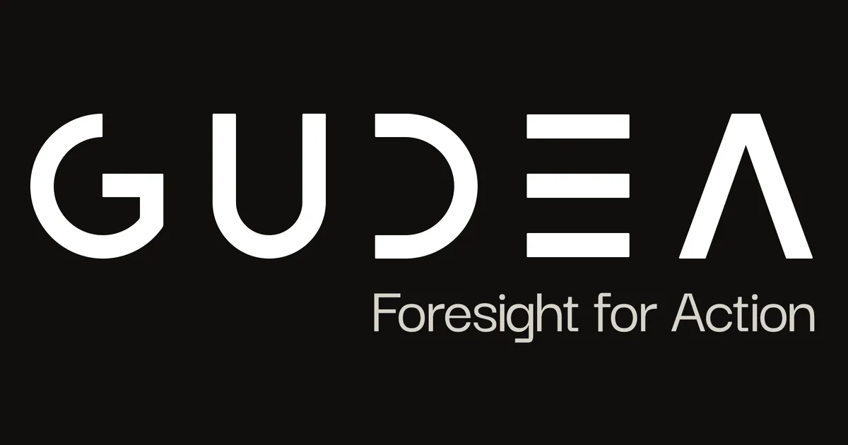 The Gudea company logo and tagline 'Foresight for Action' displayed in white and yellow on dark background.
