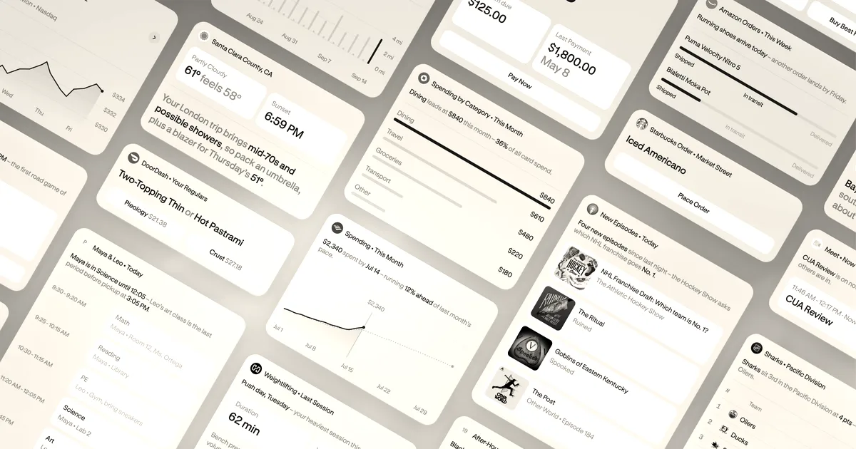 An array of floating informational panels and cards displaying user schedule, weather, and spending data.