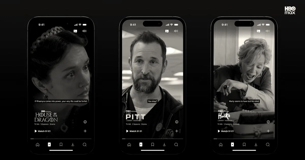 Three smartphones side-by-side displaying the new HBO Max vertical video feed interface showing different shows.