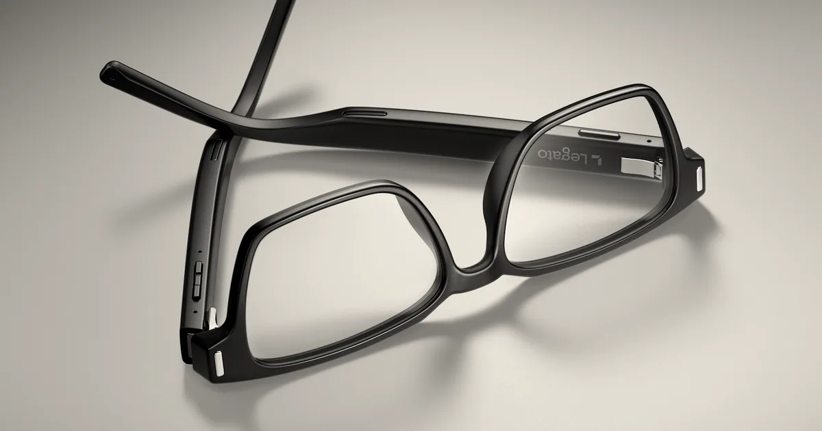 Black smart audio glasses resting folded against a neutral background showing frame details.