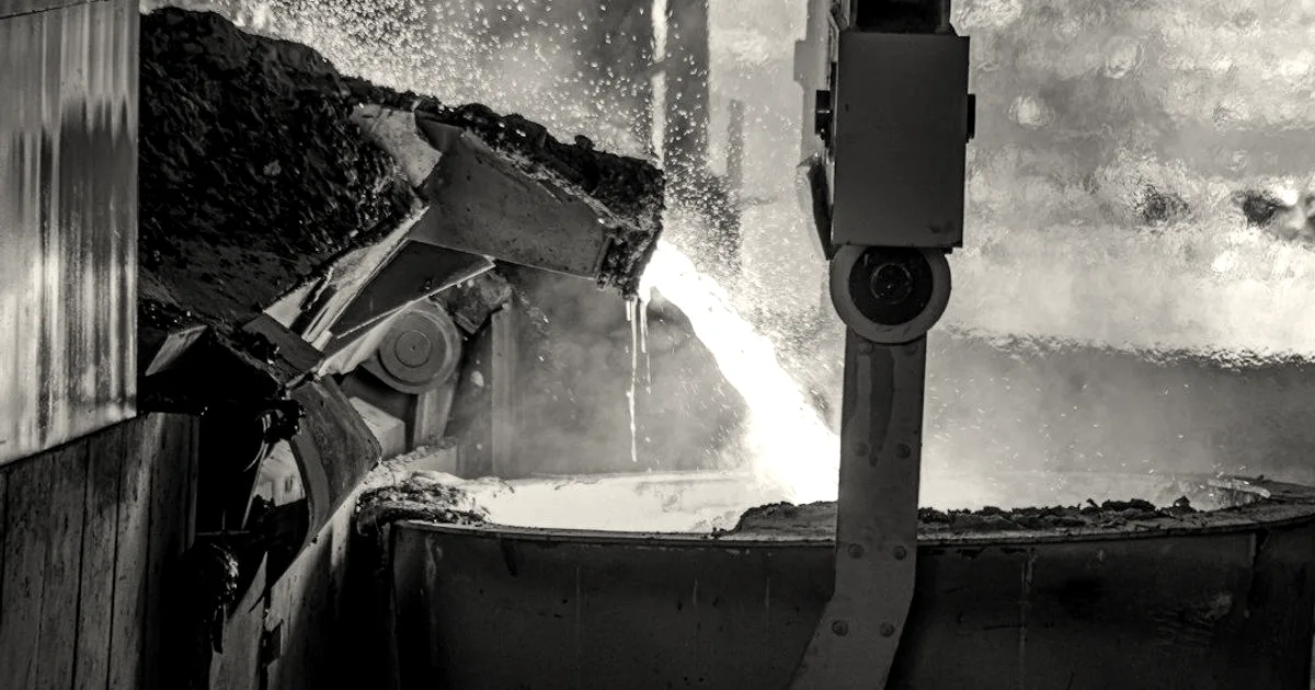 Molten iron glowing brightly as it pours directly into an industrial ladle inside a metal foundry