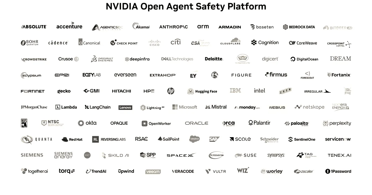 Graphic showing the Nvidia Open Agent Safety Platform title surrounded by dozens of partner company logos.