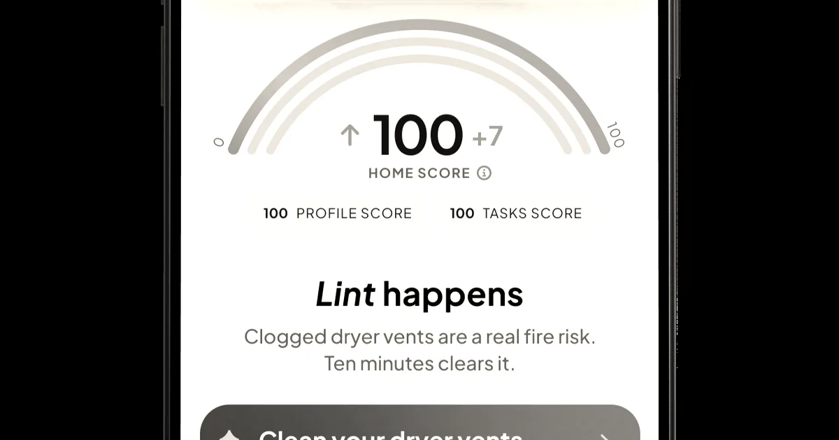 An iPhone displaying the Hint app dashboard with a home score of 100 and home maintenance tips.