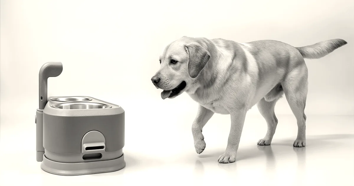 A golden retriever standing next to a purple and blue smart dog feeding bowl with dual inserts.