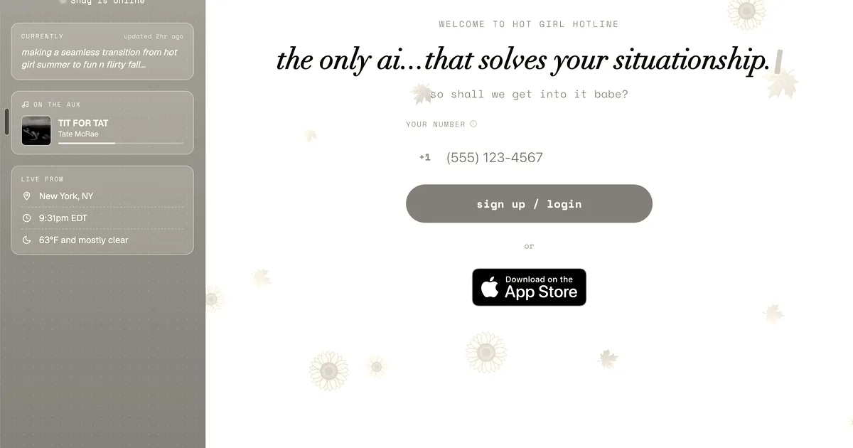 Website homepage interface of Hot Girl Hotline featuring an illustrated logo, tagline, and phone login input.