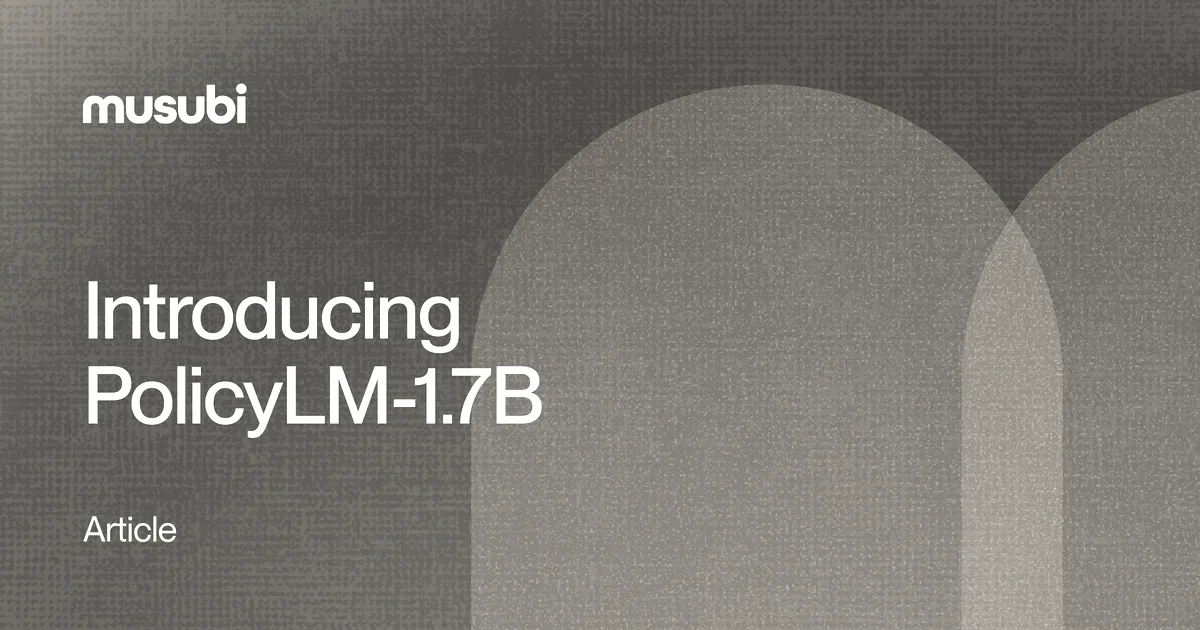 Graphic card on textured purple background announcing PolicyLM-1.7B with Musubi logo.