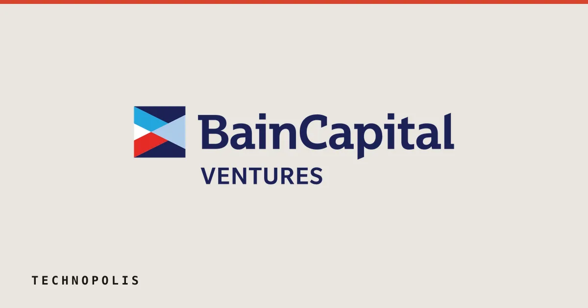 Bain Capital Ventures logo featuring blue lettering beside a multicolored geometric square symbol on a dark background